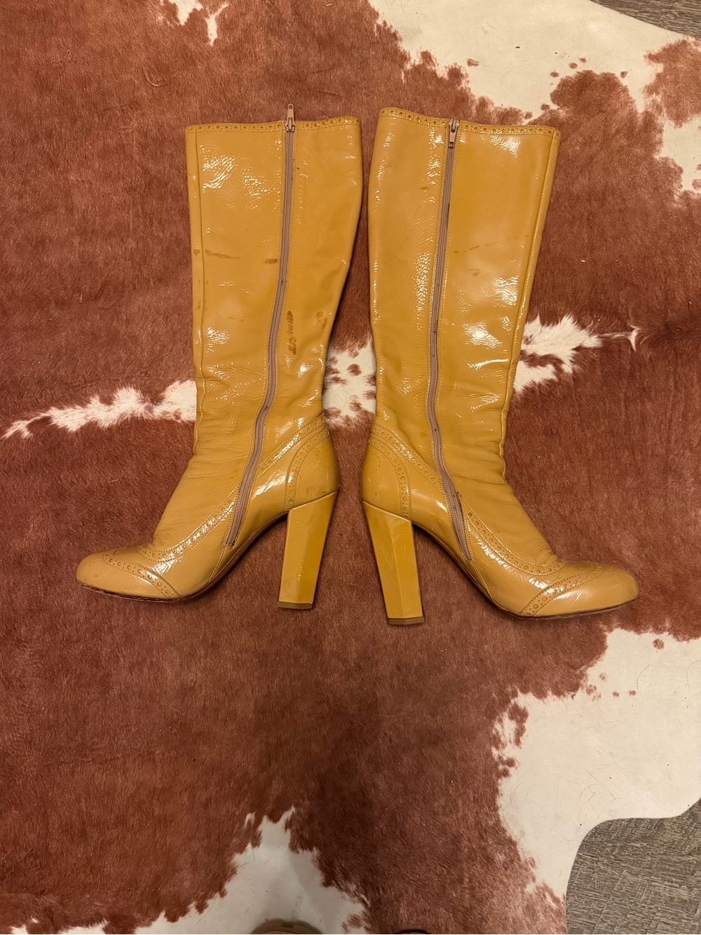 Vintage Miu Miu Mustard Yellow Patent Leather Knee High Boots Size 39